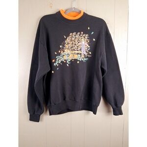 Vintage Grandma Autumn Sweatshirt Womens Large Scarecrow Fall Black 80s Pumpkins